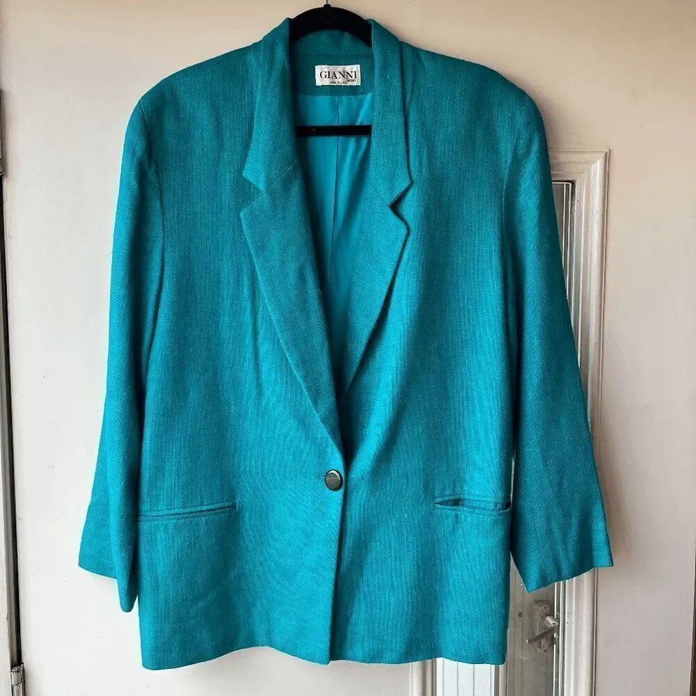 Vintage Gianni Sport Bright Teal Textured Blazer Jacket USA Made Size 14